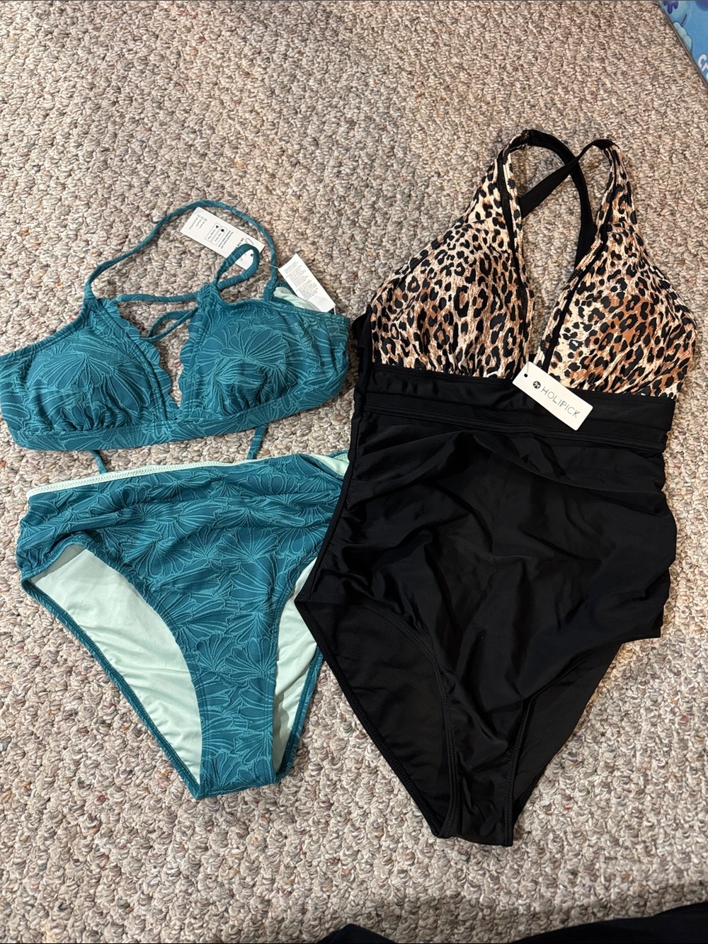 Hollister Teal Leaf Bikini Set and Leopard-Print Black One-Piece Swimsuit